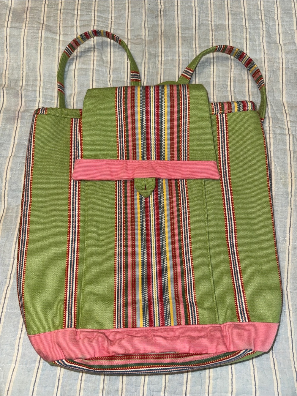 Green and Pink Striped Canvas Backpack